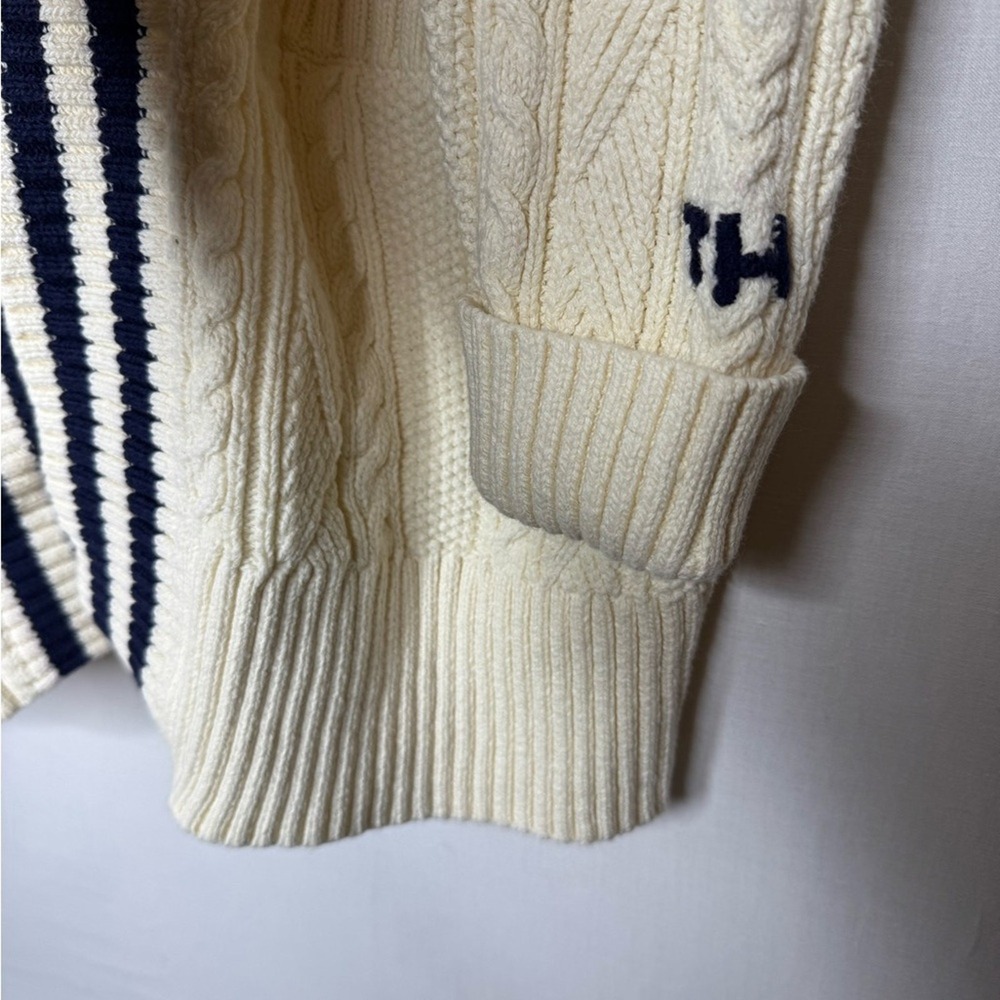 Tommy Hilfiger Womens Cable Knit Open Cardigan Varsity Stripe Preppy Ivy League - Picture 7 of 9